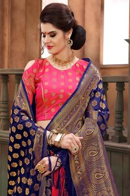 Rani-pink thread embroidery silk semi stitched lehenga with dupatta 2