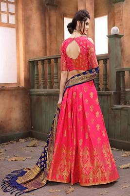 Rani-pink thread embroidery silk semi stitched lehenga with dupatta 3