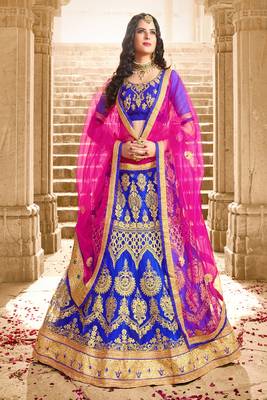 Blue thread embroidery net semi stitched lehenga with dupatta 1