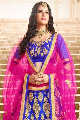 Blue thread embroidery net semi stitched lehenga with dupatta 2