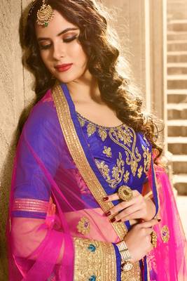 Blue thread embroidery net semi stitched lehenga with dupatta 3