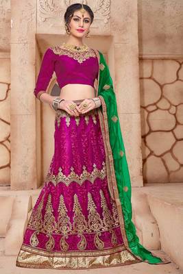 Magenta thread embroidery net semi stitched lehenga with dupatta 1