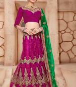Magenta thread embroidery net semi stitched lehenga with dupatta