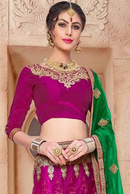 Magenta thread embroidery net semi stitched lehenga with dupatta 2