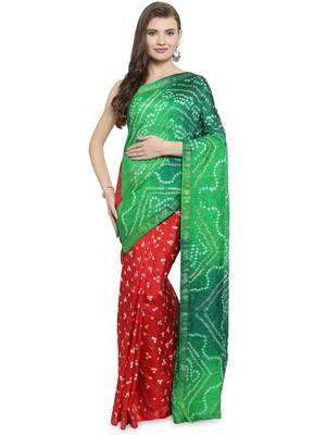 Geroo Jaipur Hand Dyed Green & Red Bandhani Silk Saree 1