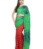 Geroo Jaipur Hand Dyed Green & Red Bandhani Silk Saree