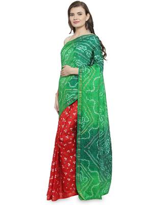 Geroo Jaipur Hand Dyed Green & Red Bandhani Silk Saree 3