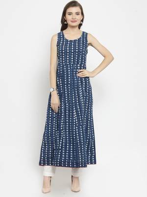   Indigo Hand Block Printed A Line Pure Cotton Kurta 1