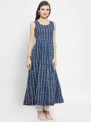   Indigo Hand Block Printed A Line Pure Cotton Kurta 3