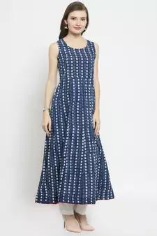   Indigo Hand Block Printed A Line Pure Cotton Kurta