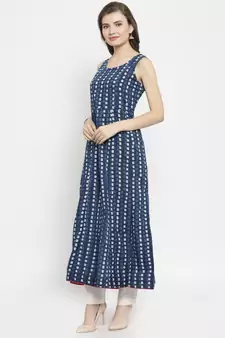   Indigo Hand Block Printed A Line Pure Cotton Kurta