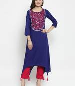 Geroo Jaipur Blue hand Embroidered Asymmetrical Rayon Kurta