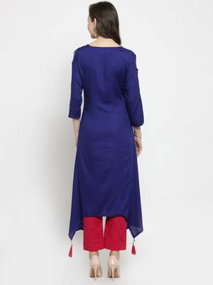   Blue hand Embroidered Asymmetrical Rayon Kurta 2