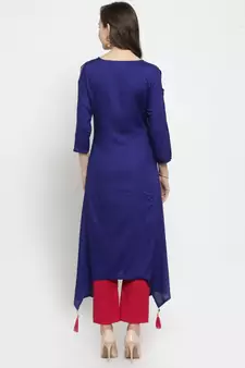   Blue hand Embroidered Asymmetrical Rayon Kurta
