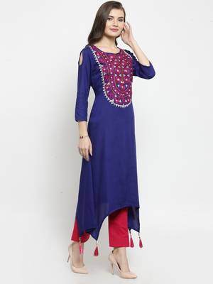   Blue hand Embroidered Asymmetrical Rayon Kurta 3