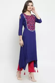   Blue hand Embroidered Asymmetrical Rayon Kurta
