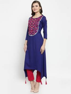   Blue hand Embroidered Asymmetrical Rayon Kurta 4