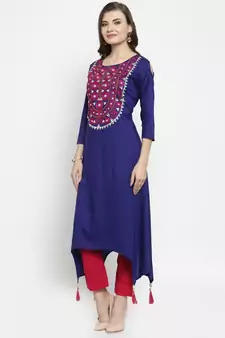  Blue hand Embroidered Asymmetrical Rayon Kurta