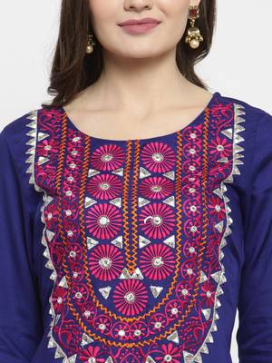   Blue hand Embroidered Asymmetrical Rayon Kurta 5
