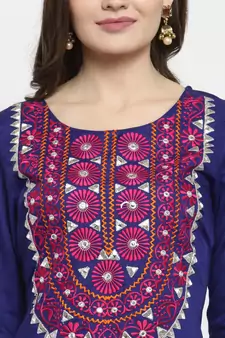   Blue hand Embroidered Asymmetrical Rayon Kurta