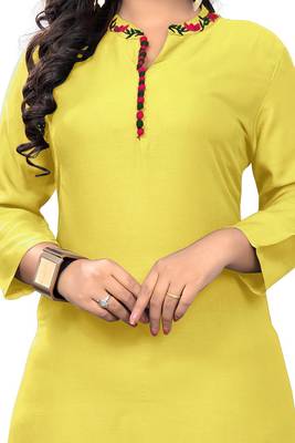 Yellow embroidered rayon kurti 4