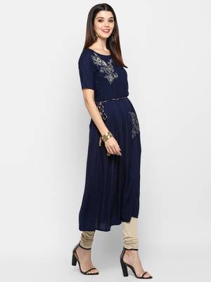 Blue embroidered rayon kurti 4