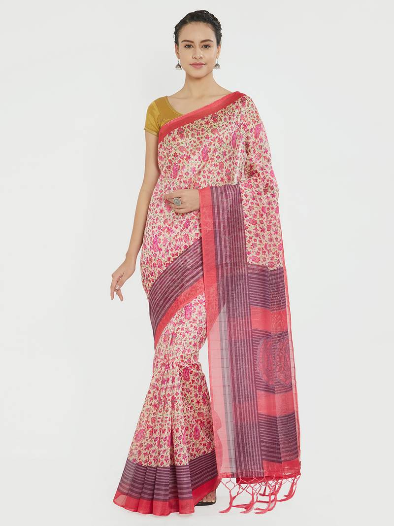 Pink printed bhagalpuri silk saree with blouse