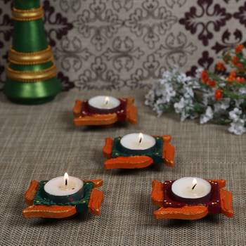 Aapno Rajasthan Multicolor Teracotta Swastik Design Diyas For Diwali - Set Of 4 1