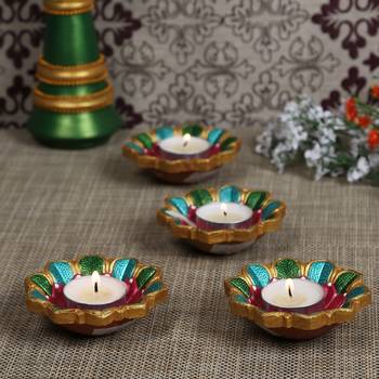 Aapno Rajasthan Multicolor Teracotta Floral Design Diyas For Diwali - Set Of 4 1