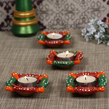 Aapno Rajasthan Multicolor Teracotta Square Diyas For Diwali - Set Of 4 1