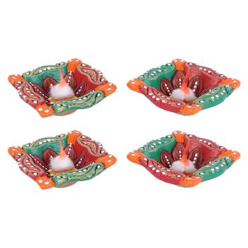 Aapno Rajasthan Multicolor Teracotta Square Diyas For Diwali - Set Of 4 2