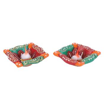 Aapno Rajasthan Multicolor Teracotta Square Diyas For Diwali - Set Of 4 3