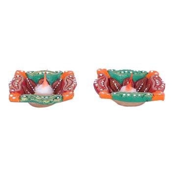 Aapno Rajasthan Multicolor Teracotta Square Diyas For Diwali - Set Of 4 4