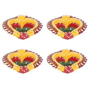 Aapno Rajasthan Multicolor Teracotta Handpainted Diyas For Diwali - Set Of 4 2