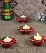 Aapno Rajasthan Red & Green Teracotta Floral Design Diyas For Diwali - Set Of 4