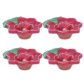Aapno Rajasthan Red & Green Teracotta Floral Design Diyas For Diwali - Set Of 4 2