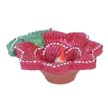 Aapno Rajasthan Red & Green Teracotta Floral Design Diyas For Diwali - Set Of 4 3