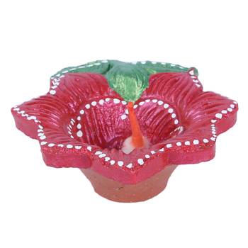 Aapno Rajasthan Red & Green Teracotta Floral Design Diyas For Diwali - Set Of 4 4