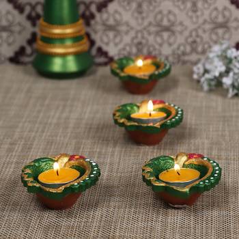 Aapno Rajasthan Green Teracotta Handpainted Diyas For Diwali - Set Of 4 1