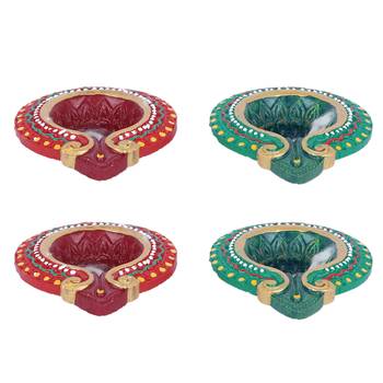 Aapno Rajasthan Red & Green Teracotta Traditional Design Diyas For Diwali - Set Of 4 2
