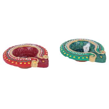 Aapno Rajasthan Red & Green Teracotta Traditional Design Diyas For Diwali - Set Of 4 3