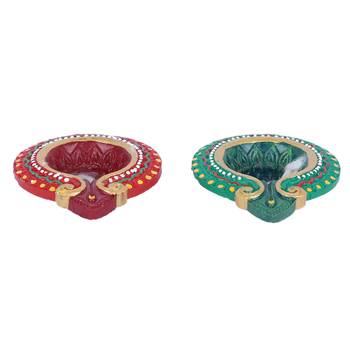 Aapno Rajasthan Red & Green Teracotta Traditional Design Diyas For Diwali - Set Of 4 4