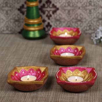 Aapno Rajasthan Pink & Gold Teracotta Square Diyas For Diwali - Set Of 4 1