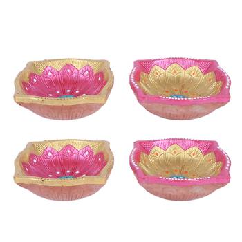 Aapno Rajasthan Pink & Gold Teracotta Square Diyas For Diwali - Set Of 4 2