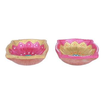 Aapno Rajasthan Pink & Gold Teracotta Square Diyas For Diwali - Set Of 4 3
