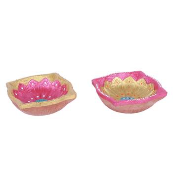 Aapno Rajasthan Pink & Gold Teracotta Square Diyas For Diwali - Set Of 4 4