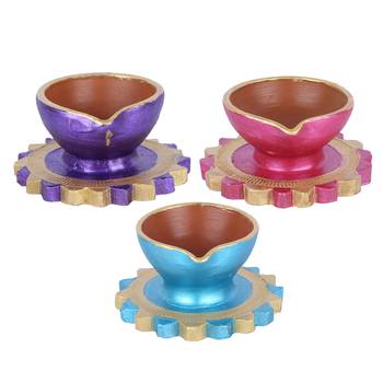 Aapno Rajasthan Multicolor Teracotta Diyas For Diwali - Set Of 3 2