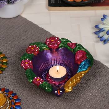 Aapno Rajasthan Multicolor Teracotta Handcrafted Diya For Diwali In Floral Design- 1 Pc 1