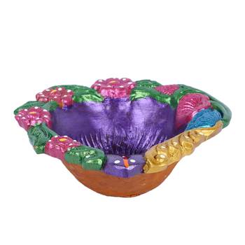 Aapno Rajasthan Multicolor Teracotta Handcrafted Diya For Diwali In Floral Design- 1 Pc 2