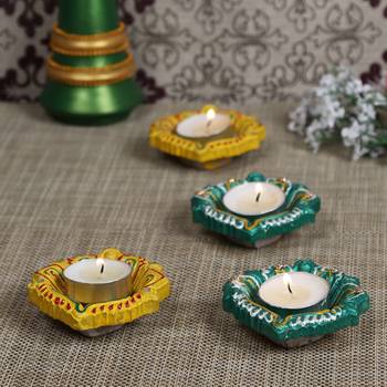 Decorated Handcrafted Diya Set In Hues Of Green & Yellow - Set Of 4 1